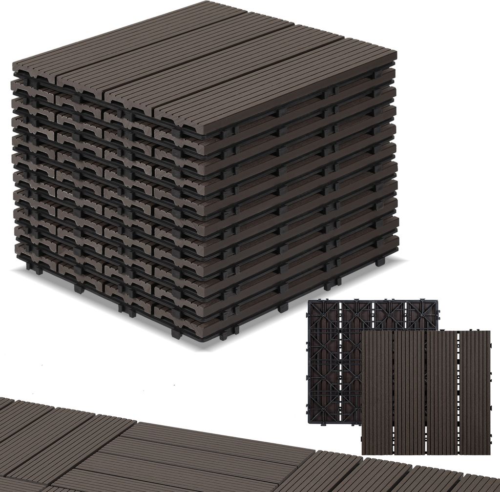 Izrielar 99pcs WPC Terrassenfliesen mit Drainage und Klicksystem für Garten Balkon Bodenbelag 30x30cm Dunkelbraun