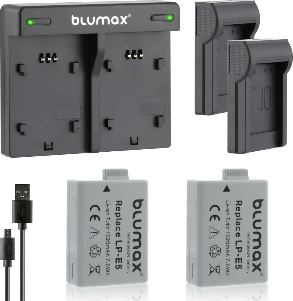 2x Akku + Lader für Canon EOS 450D, EOS 500D, EOS 1000D LP-E5 1020 mAh