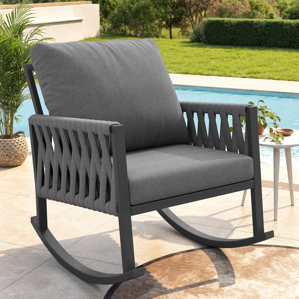 Flieks Gartenstuhl Gartenschaukelstuhl mit Kissen, Schaukelstuhl mit Metallrahmen, Gartensessel mit Kreuzseilwebtechnik, max. 120 kg, Grau