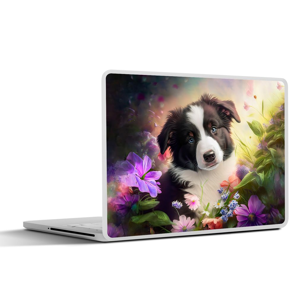 MuchoWow Laptop Aufkleber Sticker Cover Welpe - Sonne - Blumen - Natur - Border Collie - Hund 36.5x27.5 cm - Laptop-Sticker
