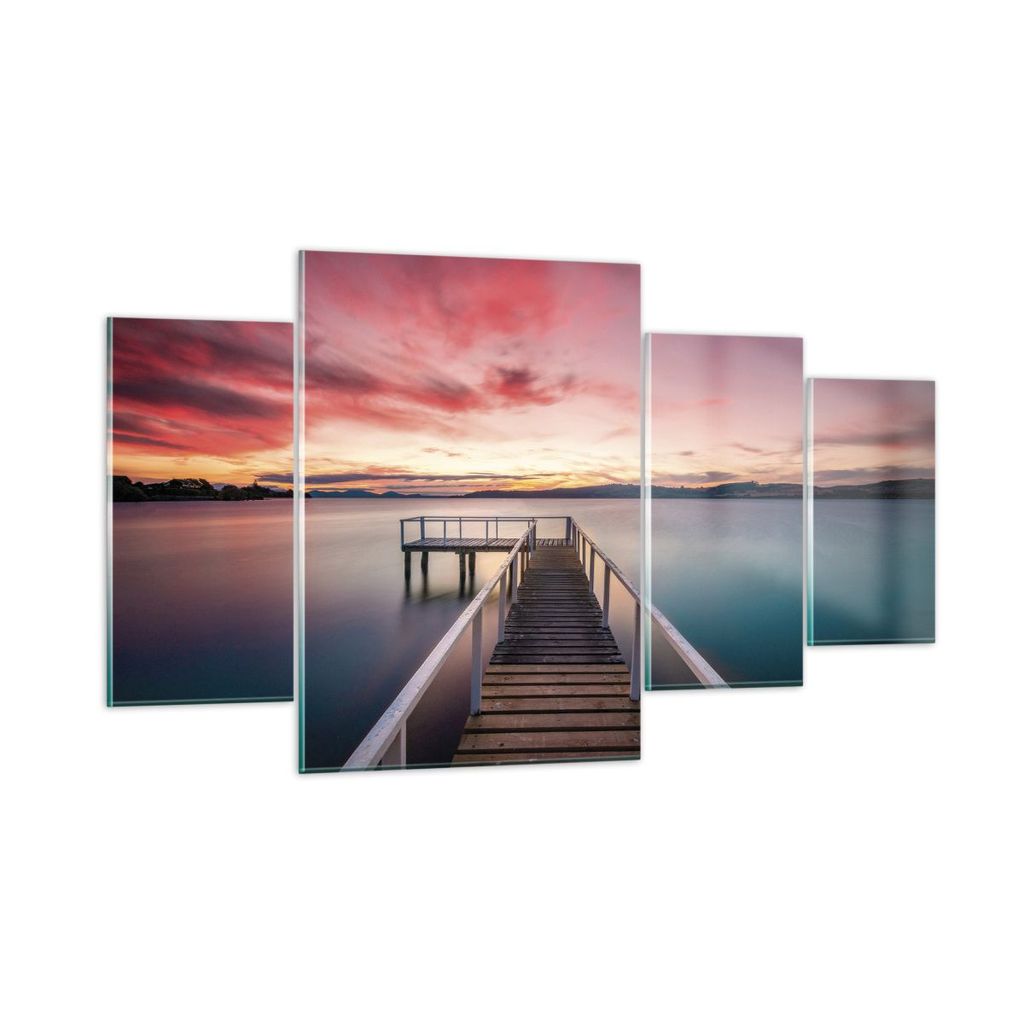Bilder auf glas - 4 Teile - Brücke Rosa Himmel - 160x90cm - Glasbilder - Wandbilder - Bilder - zum Aufhängen bereit - Wanddekoration aus Glas - G...
