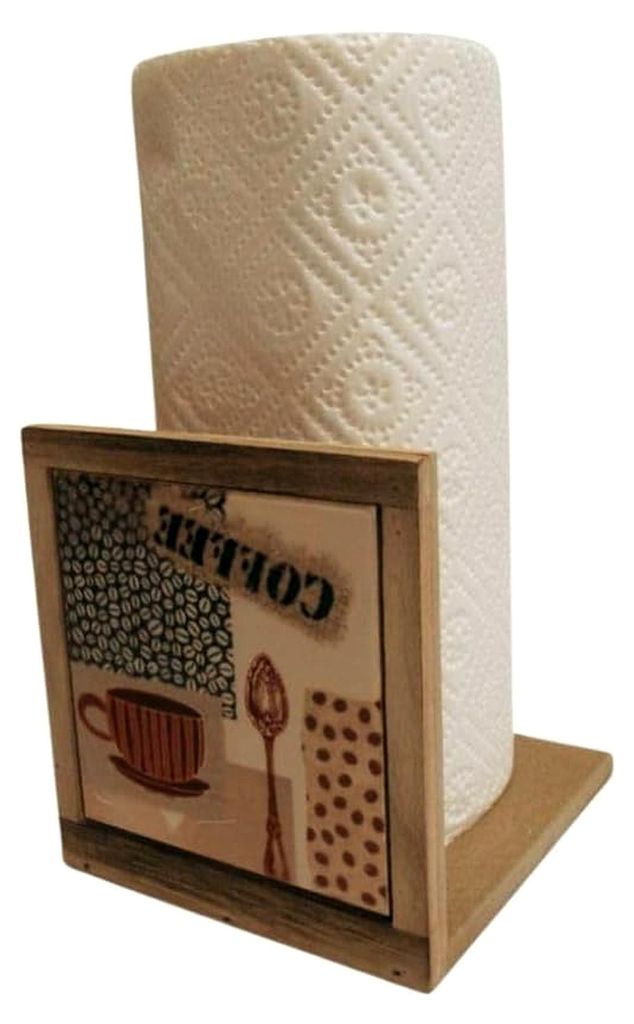 Küchenrollenhalter aus Balsaholz und Keramik mit Kaffeemuster