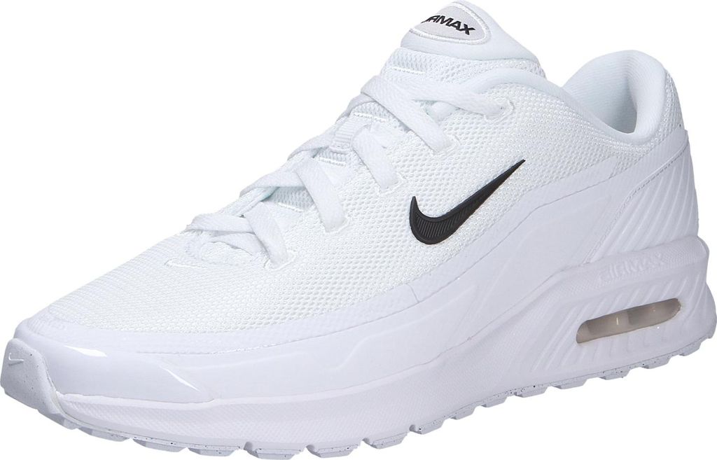 A white Nike Air Max sneaker is shown from a side angle against a white background.