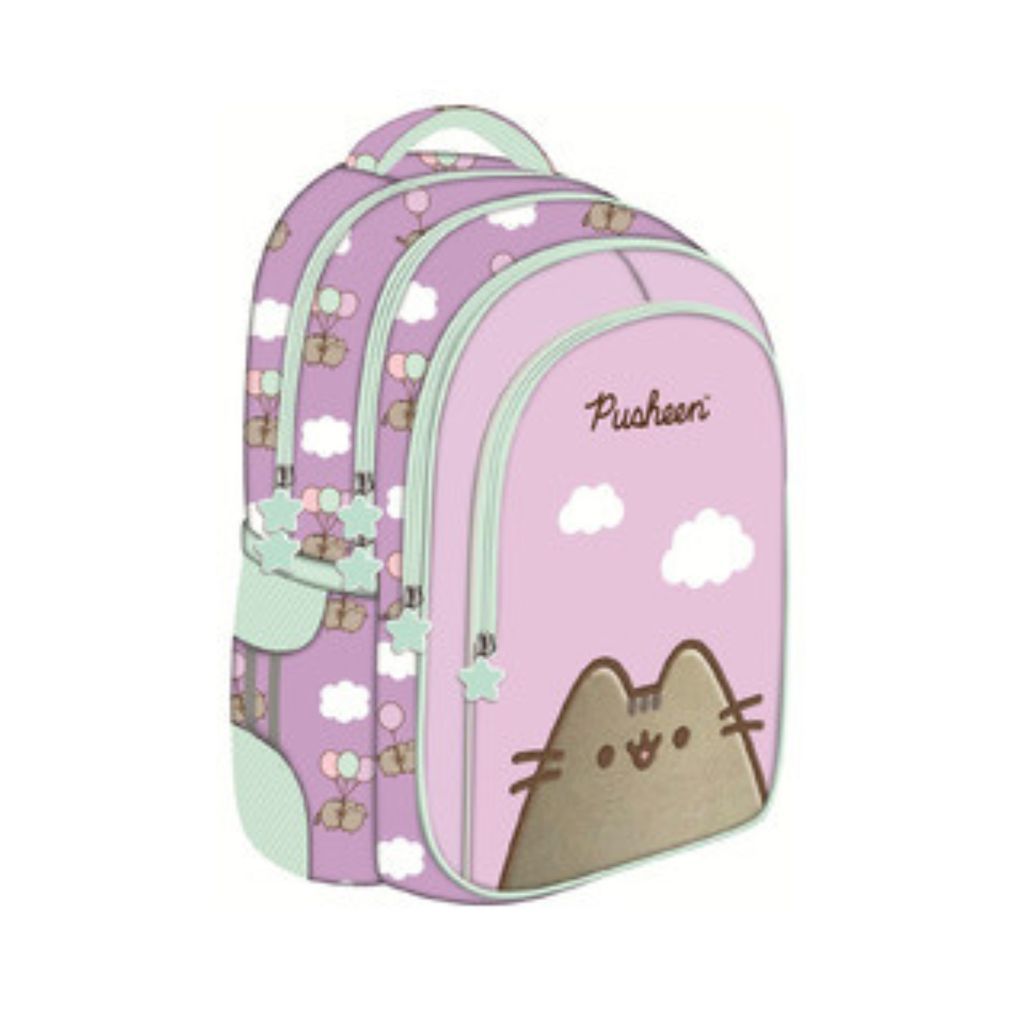 A pink backpack with Pusheen cat graphics and balloons.
