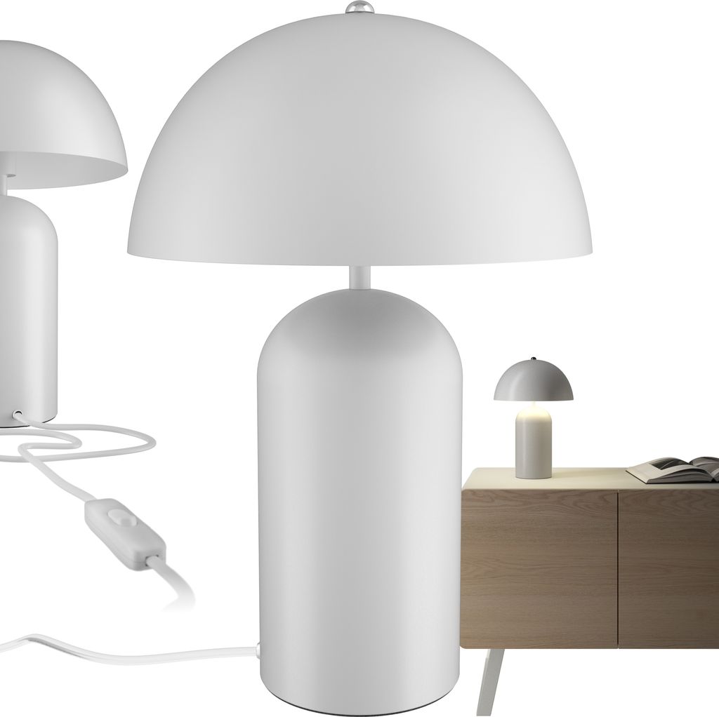Two white mushroom-shaped table lamps are shown against a white background. One lamp is in the foreground and slightly to the right, while another is in the background and to the left. A smaller, lit version of the lamp is shown on a wooden cabinet in the 