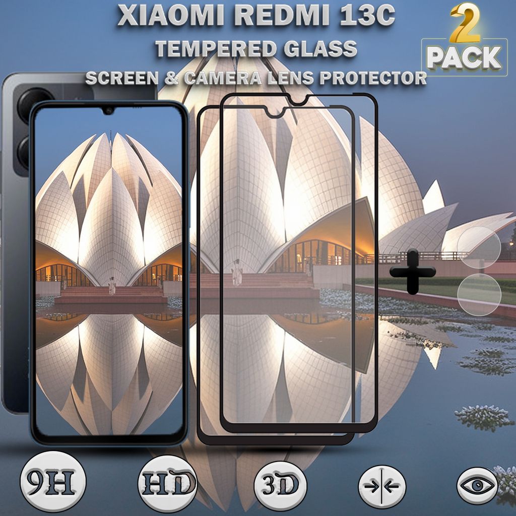 2-Pack Xiaomi Redmi 13C Displayschutzfolie und 1-Pack Objektivschutz aus 9H gehärtetem Glas