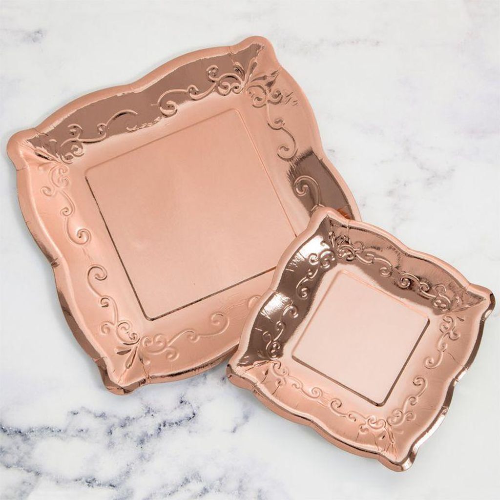 8 große Papp Teller Rosegold Metallic mit Prägung 25x25cm