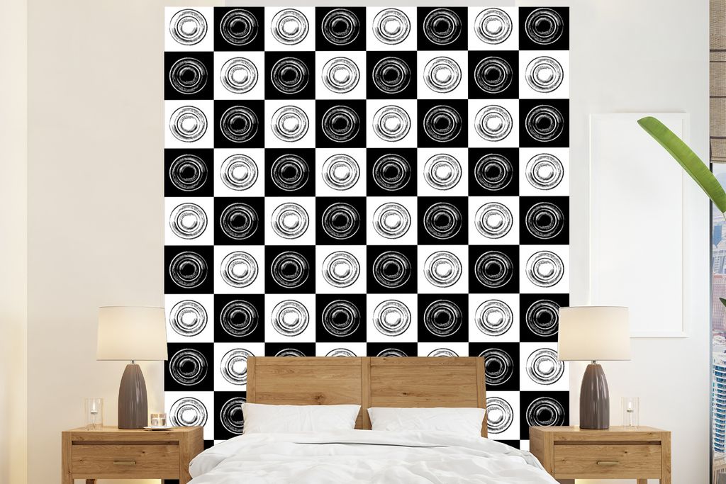 MuchoWow Fototapete für Wohnzimmer oder Schlafzimmer Wandtapete Vinyl Motivtapete Muster - Schachbrett - Schwarz und Weiß - 195x240 cm - Gemust...
