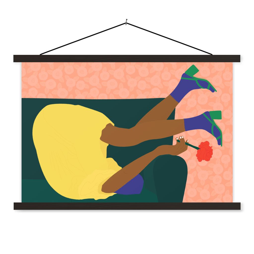 MuchoWow Textilposter Frau - Blumen - Retro 120x80 cm mit schwarzem Rahmen - Wanddeko