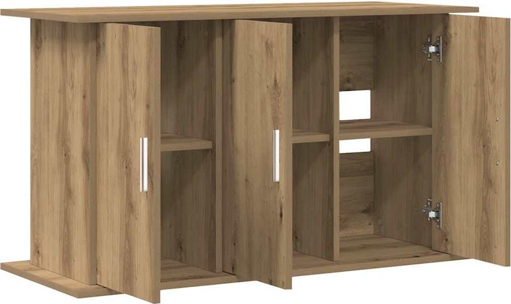 A 3D rendering of a wooden aquarium stand with multiple compartments and doors.