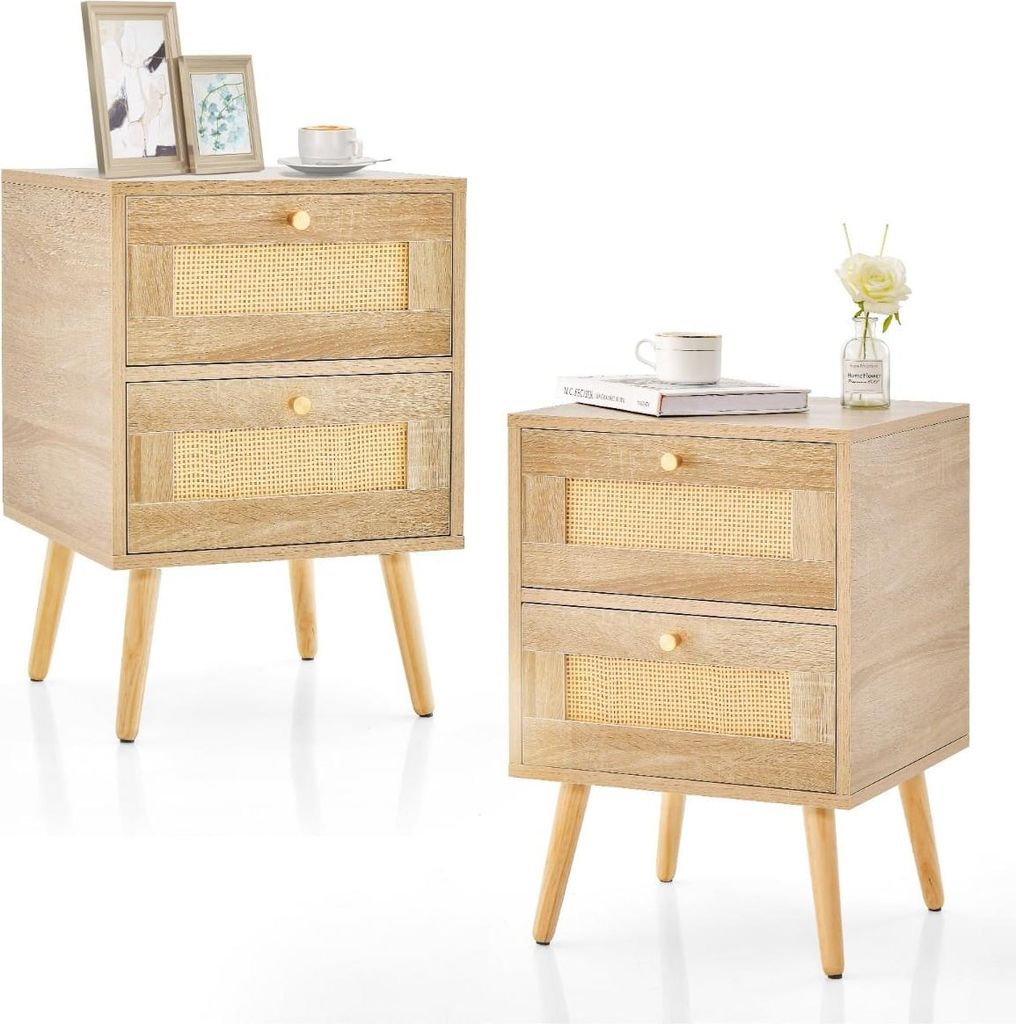 Nachttisch-Set aus Rattan, Boho-Stil, 2 Schubladen, Holzbeine