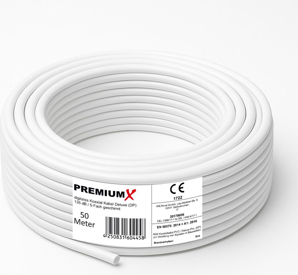 PremiumX 50m DELUXE PRO Koaxialkabel 135dB 5-fach reines Kupfer SAT Antennenkabel
