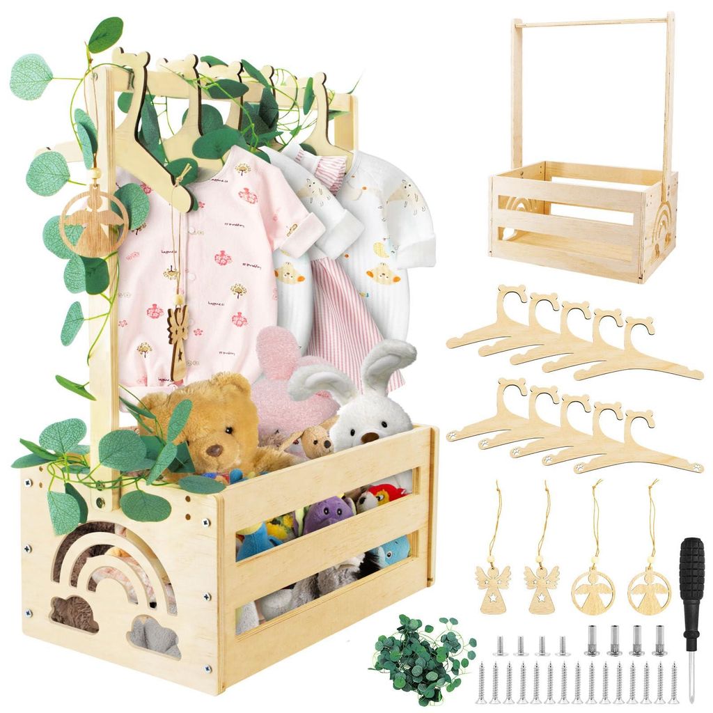 Personalisierter Babygeschenkkorb aus Holz, Geschenk zur Geburt, Babykorb aus Holz mit Griff, Aufhängehaken, dekorativen Blättern und Engelsanhä...