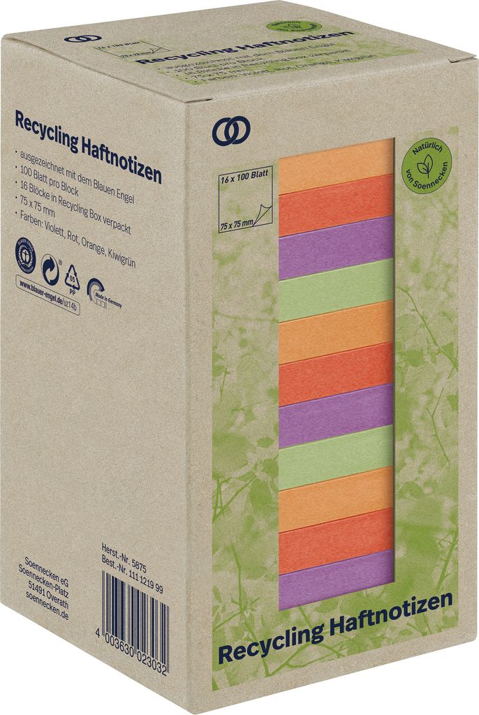 Soennecken Haftnotiz oeco 5875 RC 75x75mm 100Bl. sort. Produktbild 