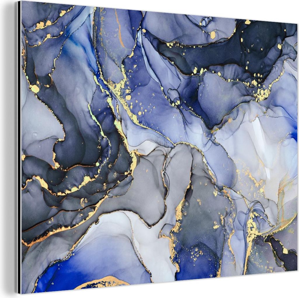 MuchoWow Wanddekoration Metall Metallbild Wandkunst 40x30 cm Marmor - Gold - Abstrakt - Blau MuchoWow Aluminium Gemälde - Dekoration Wohnzimmer