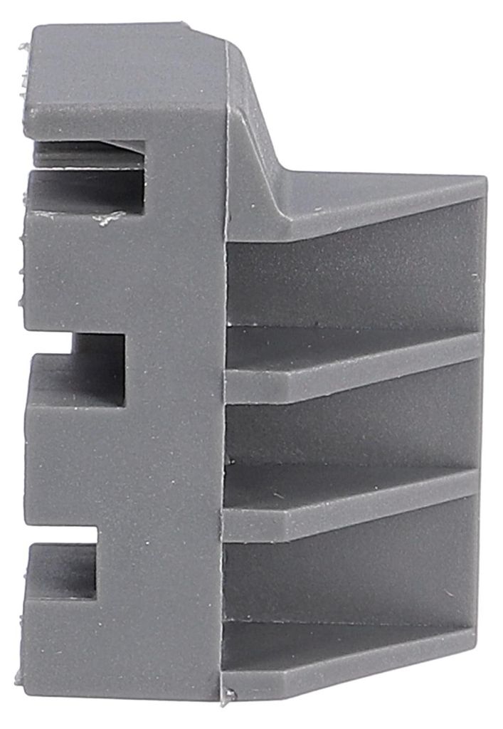 Side view of a gray plastic component with interlocking grooves.