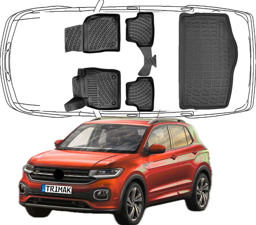 3D Fußmatten & Untere Kofferraumwanne Auto Set Kompatibel mit VW T-Cross 2018 - 2024