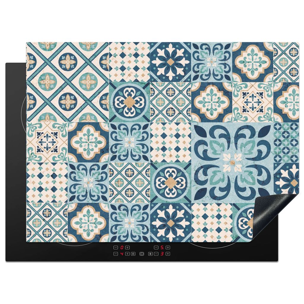 KitchenYeah Herdabdeckplatte Blumen - Blau - Design - Fliese , 70x52cm, Küche Deko, Glaskeramikkochfeld Herdabdeckung, Abdeckplatte fùr Kochfeld