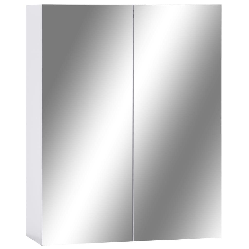 A white bathroom cabinet with mirrored doors against a white background.