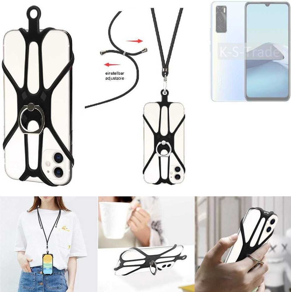 K-S-Trade 3in1 Handykette Handyband Handykordel Halsband Smartphone-Ring Handy-Ring kompatibel mit Vivo Y70 Fingerhalterung Handyring Tischständer