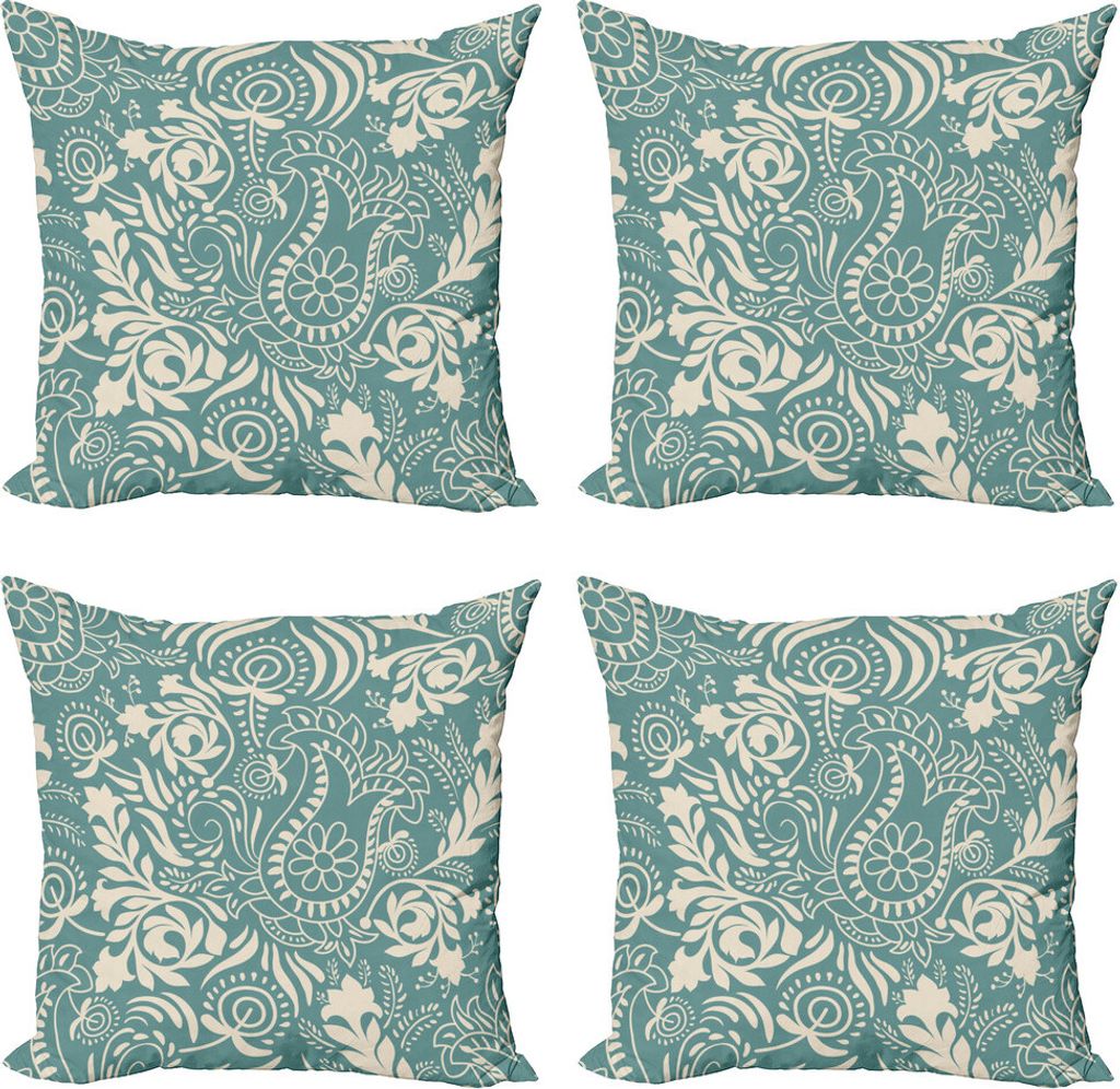 ABAKUHAUS Blumen Kissenbezug Set (4 Stück), Marrakesch Paisley, Moderner Doppelseitiger Digitaldruck, 50 cm x 50 cm, Teal und Beige