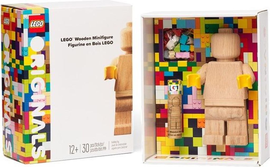 The image shows the front and open packaging of a LEGO wooden minifigure set.