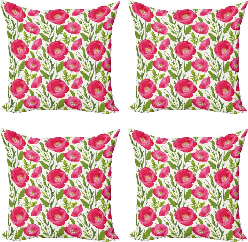 ABAKUHAUS Mohn Kissenbezug Set (4 Stück), Blätter und Blütenblätter Romantik, Moderner Doppelseitiger Digitaldruck, 40 cm x 40 cm, Grün-Rosa-C...