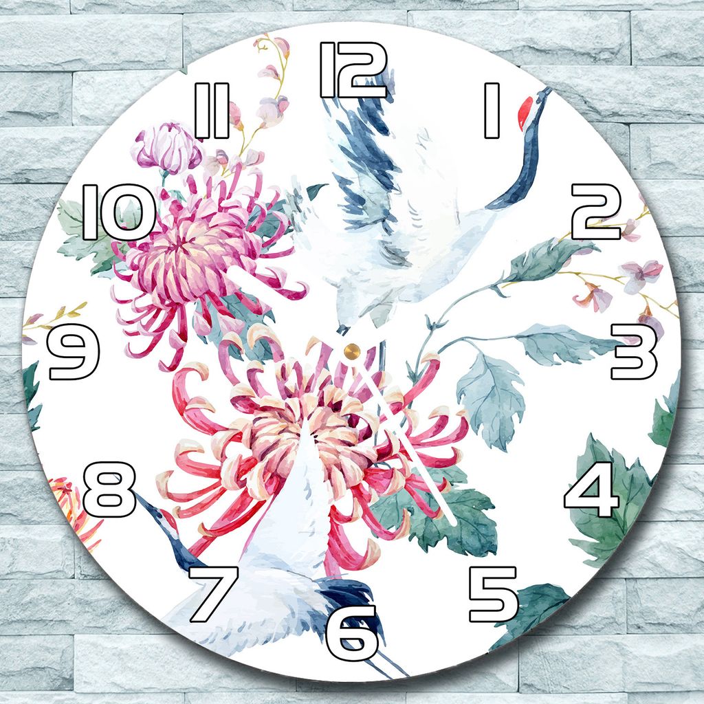 Wanduhr aus Glas Rund fi 30 Kraniche und Blumen Quarz Deko Schlafzimmer Büro
