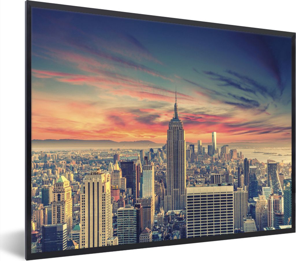 MuchoWow Gerahmtes Poster Bunter Himmel über dem Empire State Building in New York 40x30 cm - Poster mit Schwarzem Bilderrahmen Wandposter Rahme...