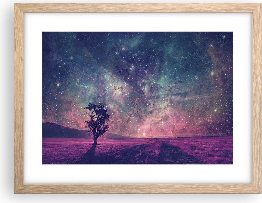 Gerahmtes Poster - Rahmen in heller Eiche - Kosmos Baum Wiese - 40x30 cm - Wand Bild - Wanddeko - Wandbilder - Wandposter - Bilderrahmen - Bilder -...