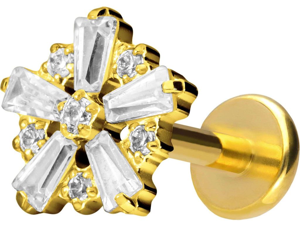 Ohrpiercing, Nasenpiercing Titan Labret mit Push Fit SCHNEEFLOCKE Gold Stablänge: 6mm | Stabstärke: 1mm