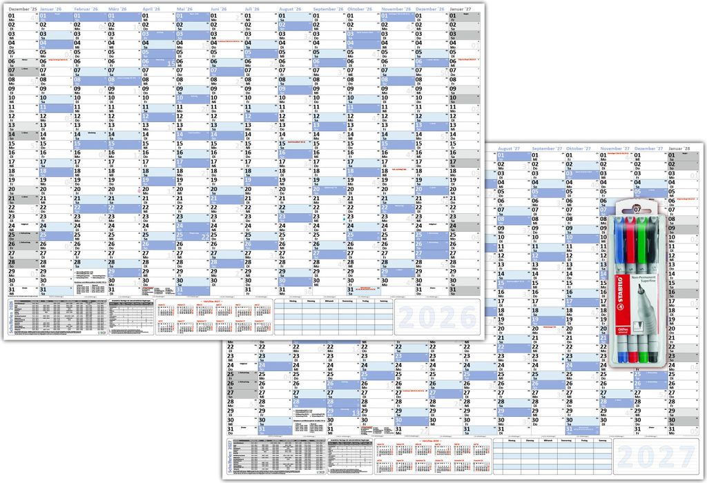 XXL Wandkalender DIN B1 2026 + 2027 blau, nass abwischbar inkl. Stifteset Format 100 x 70cm Jahresplaner Wandplaner gerollt Neutraler Kalender Feie...