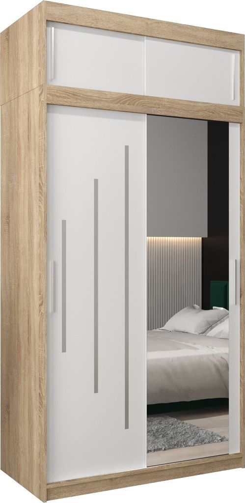 Kleiderschrank, Schiebetürenschrank Schlafzimmer, Schrank mit Spiegel YORK 2 120 mit Aufsatz, Höhe 240 cm