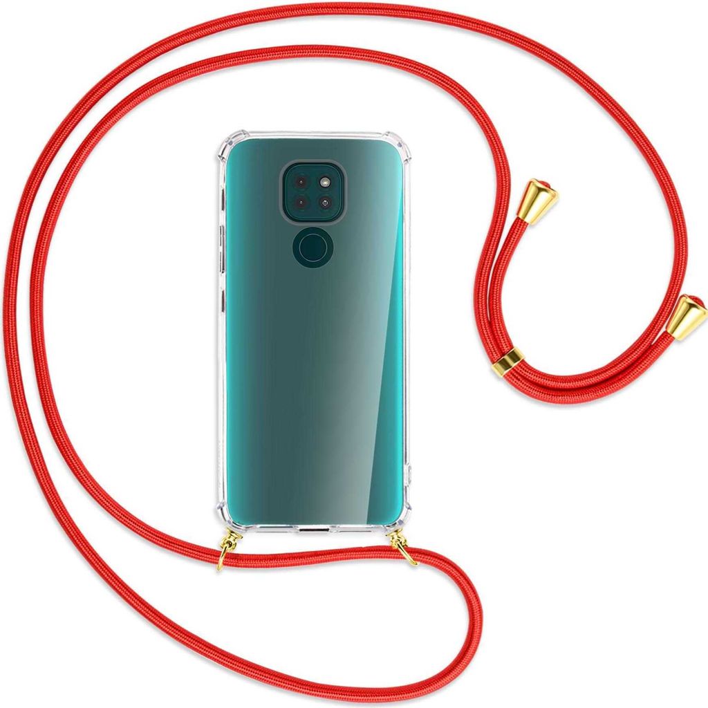 Handykette Backcover-Schutzhülle mit Band (Metall goldfarben) für Motorola Moto G9 / G9 Play - rot