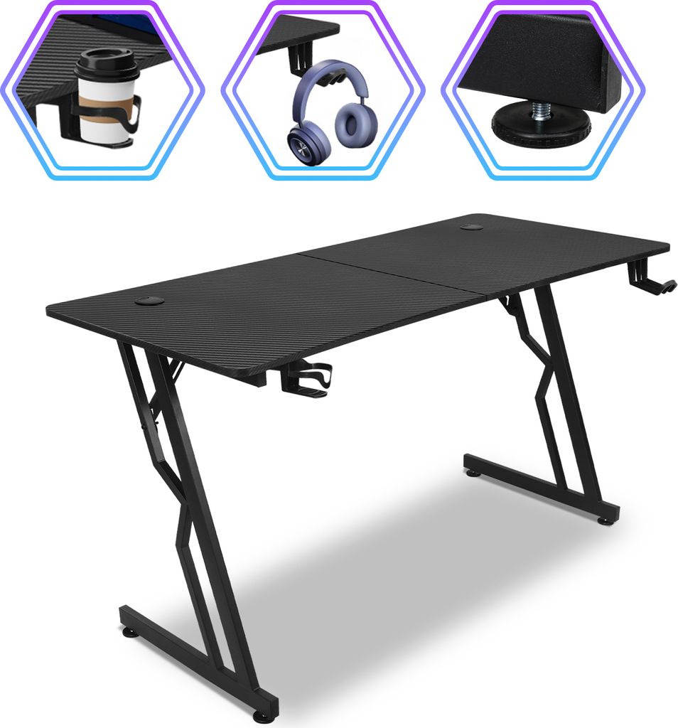 TolleTour 140x60cm Gaming Schreibtisch mit Getränkehalter Kopfhörerhalter und Mauspad, Tischplatte aus Carbon, Z-förmiger (ohne LED)