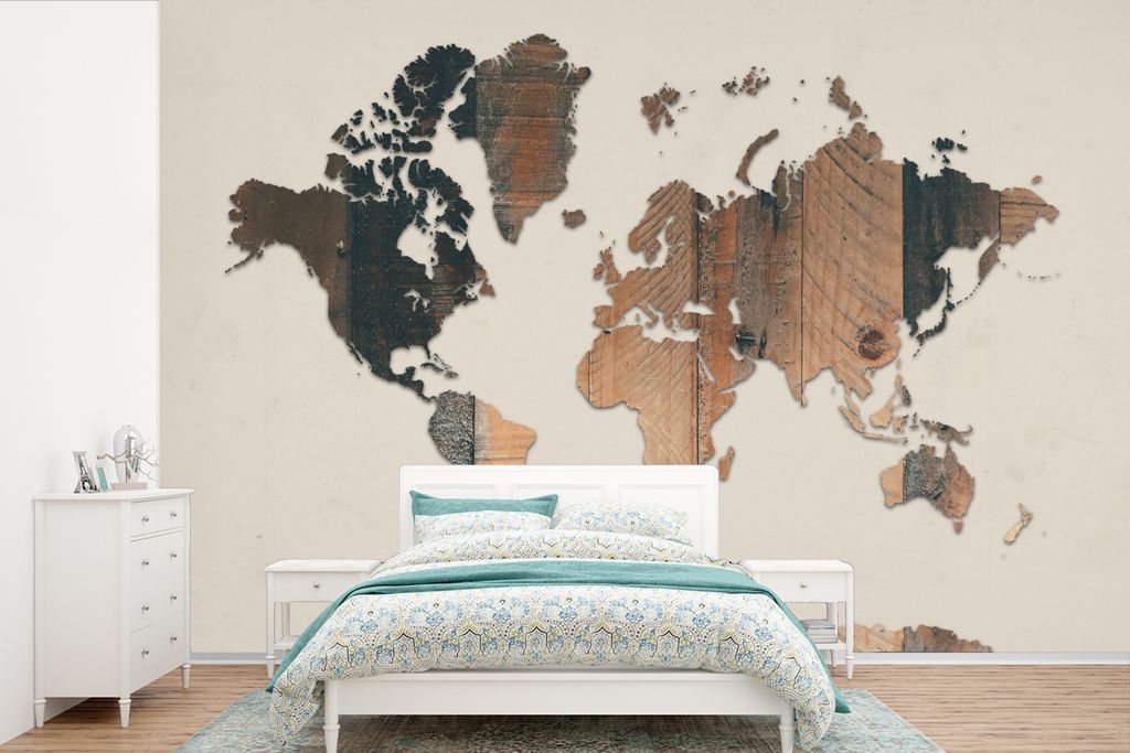 MuchoWow Fototapete für Wohnzimmer oder Schlafzimmer Wandtapete Vinyl Motivtapete Weltkarte - Holz - Beige - 600x400 cm - Vinyltapeten