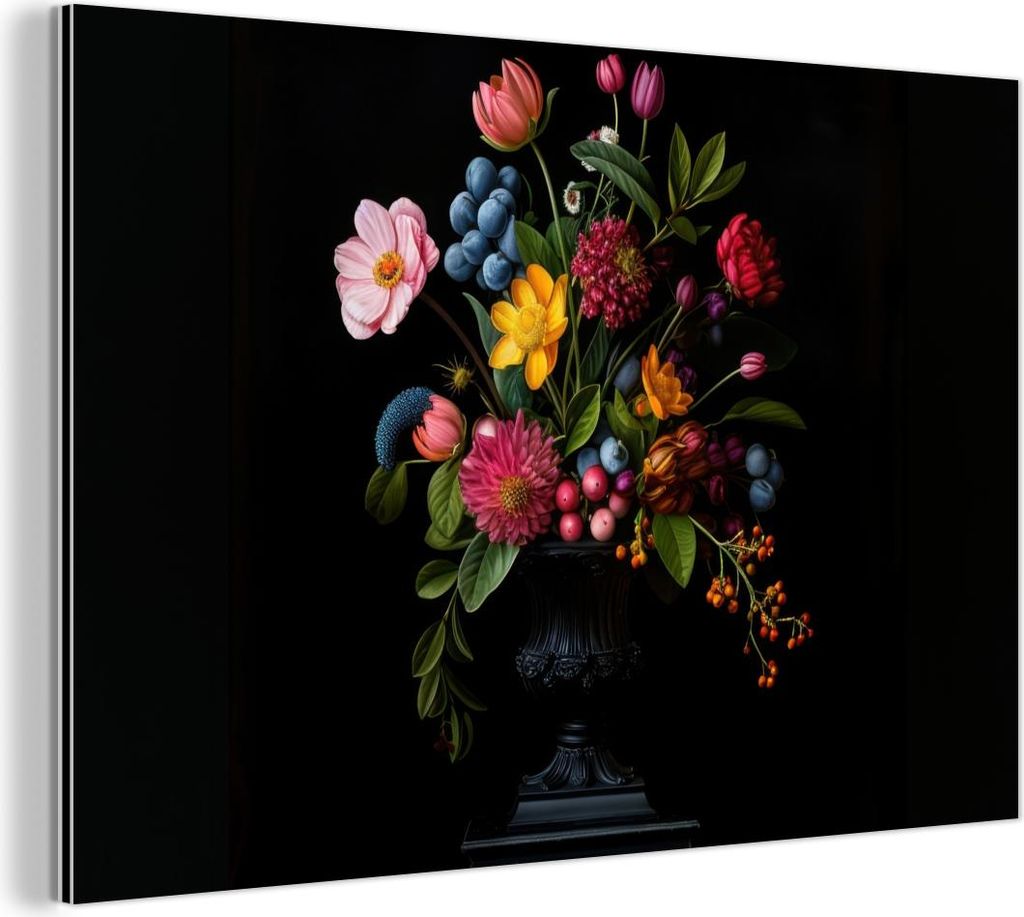 MuchoWow Wanddekoration Metall Metallbild Wandkunst 90x60 cm Blumen - Fröhlich - Vase MuchoWow Aluminium Gemälde - Wandbilder