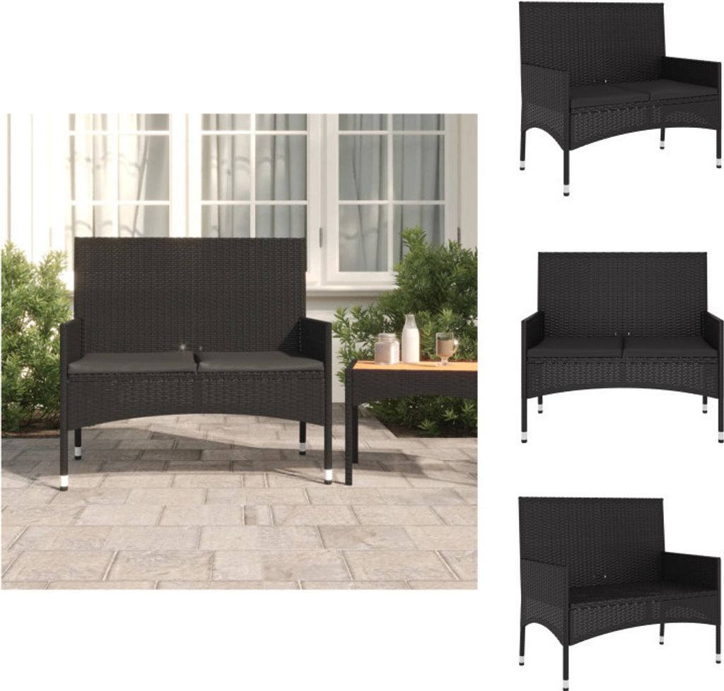 vidaXL Gartenbank 2-Sitzer mit Kissen Schwarz Poly Rattan - Produktbild 