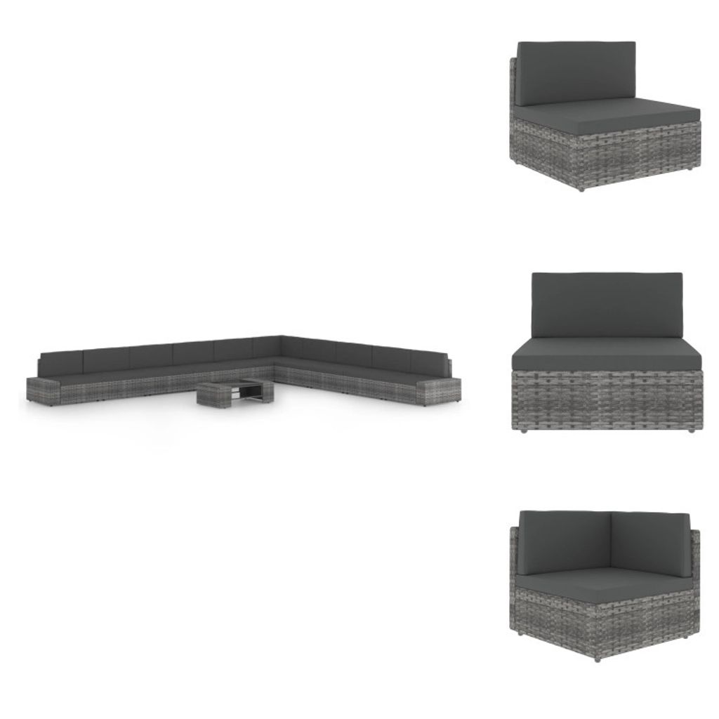 vidaXL 11-tlg. Garten-Lounge-Set mit Kissen Grau Poly Rattan - Gartenmöbel-Sets
