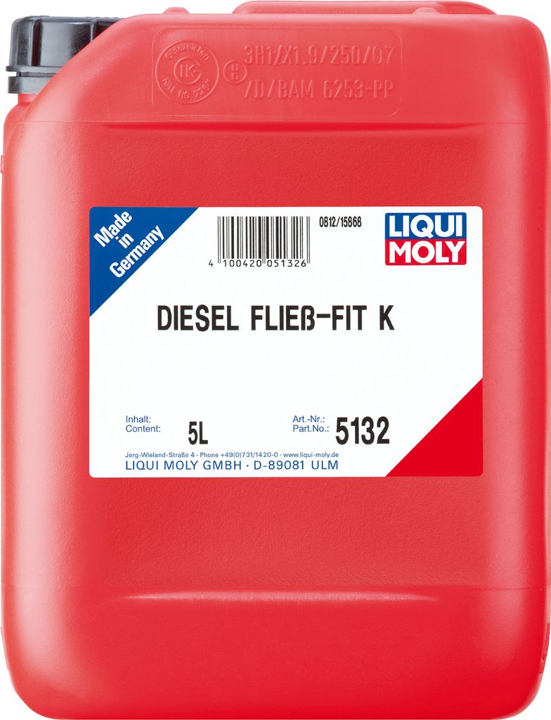 A red plastic canister of Liqui Moly DIESEL fließ fit additive.