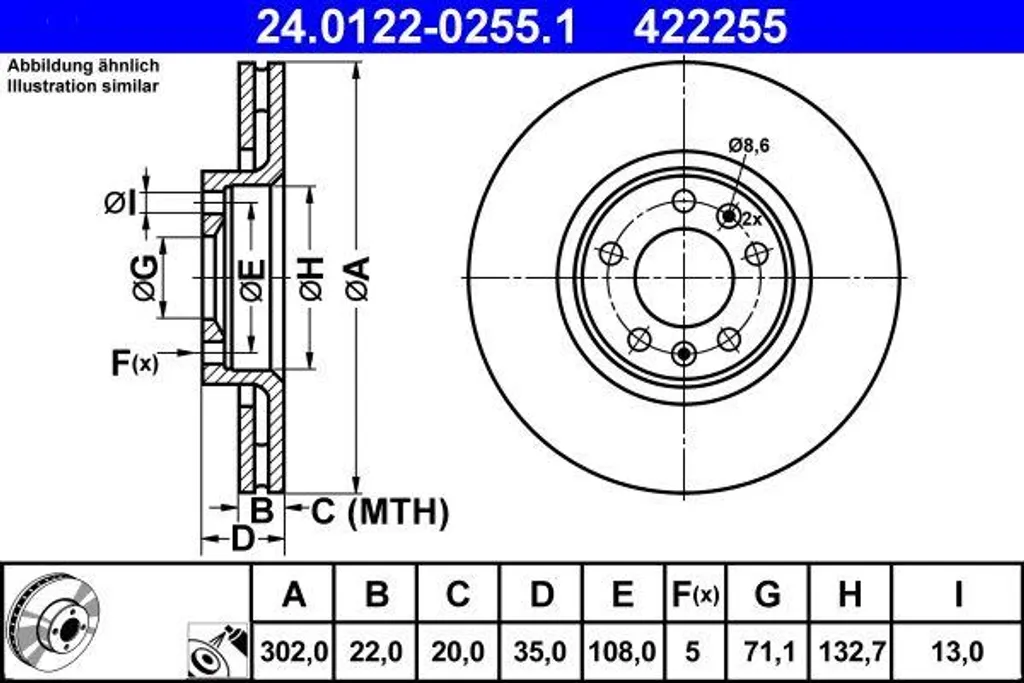 ATE 24.0122-0255.1 Disque de frein OE 424911 haute précision pour C6