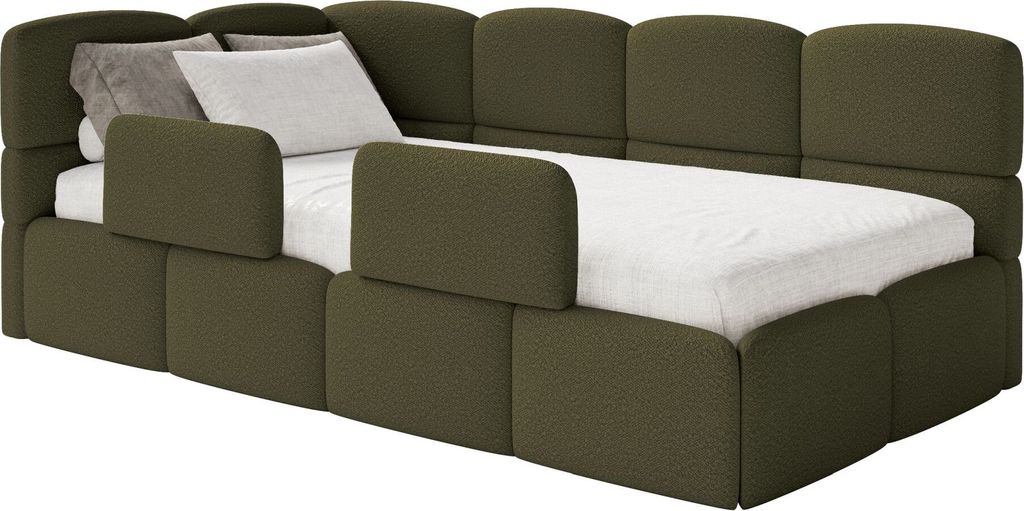 Selsey Cloudy – Jugendbett 90x200 cm, linksseitig, mit Bouclé-Bezug und Rausfallschutz, Olivgrün