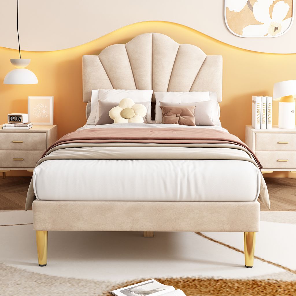 okwish Polsterbett 90*200 cm, Samtschalenbett, goldene Eisenbeine, höhenverstellbares Kopfteil, Holzlattenrost Einzelbett, beige