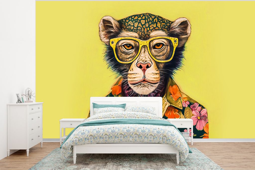 MuchoWow Fototapete für Wohnzimmer oder Schlafzimmer Wandtapete Vinyl Motivtapete Affe - Tiere - Brillen - Design - Blumen - 400x300 cm - Papier...