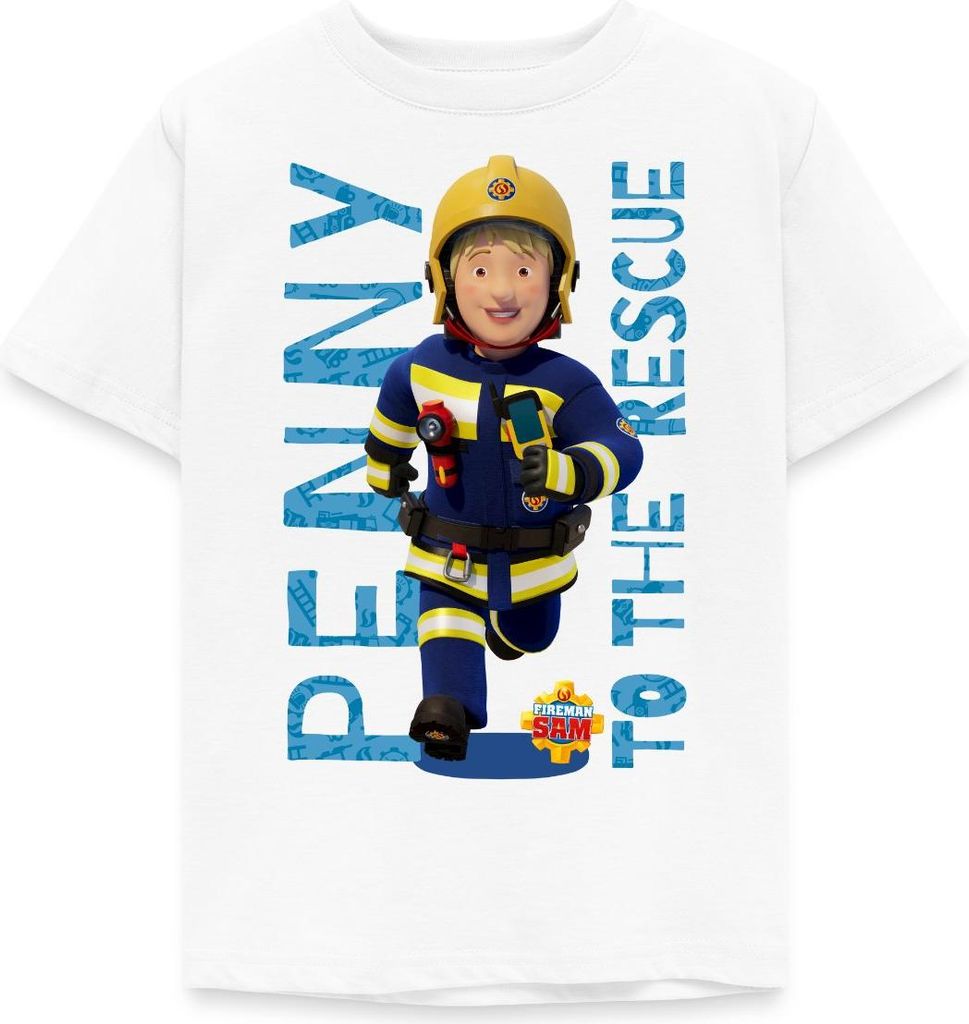 Spreadshirt Feuerwehrmann Sam Penny To The Rescue Kinder T-Shirt, 98/104 (3-4 Jahre), Weiß