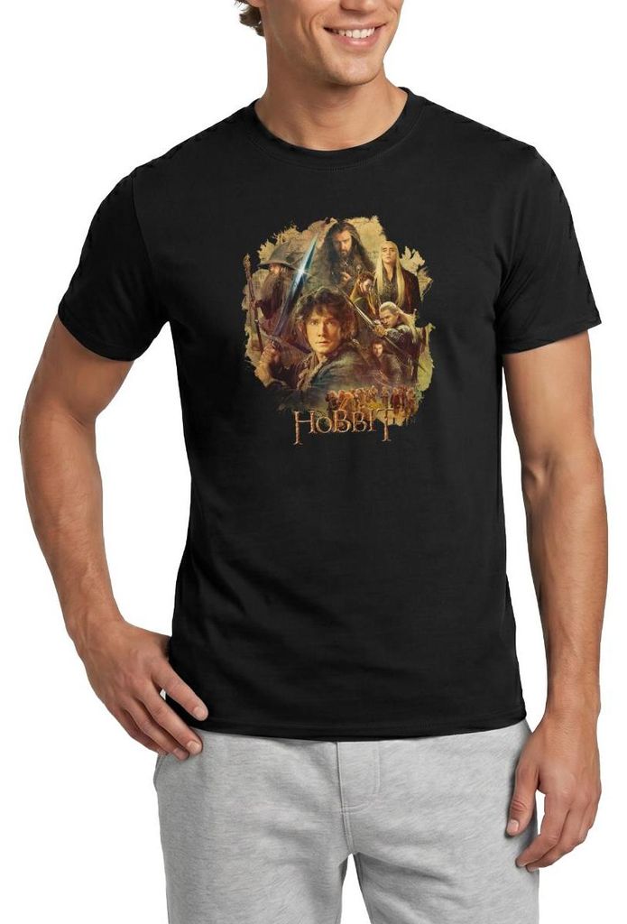 Spreadshirt Der Hobbit Charaktere Um Bilbo Beutlin Mit Stich Männer T-Shirt, M, Schwarz