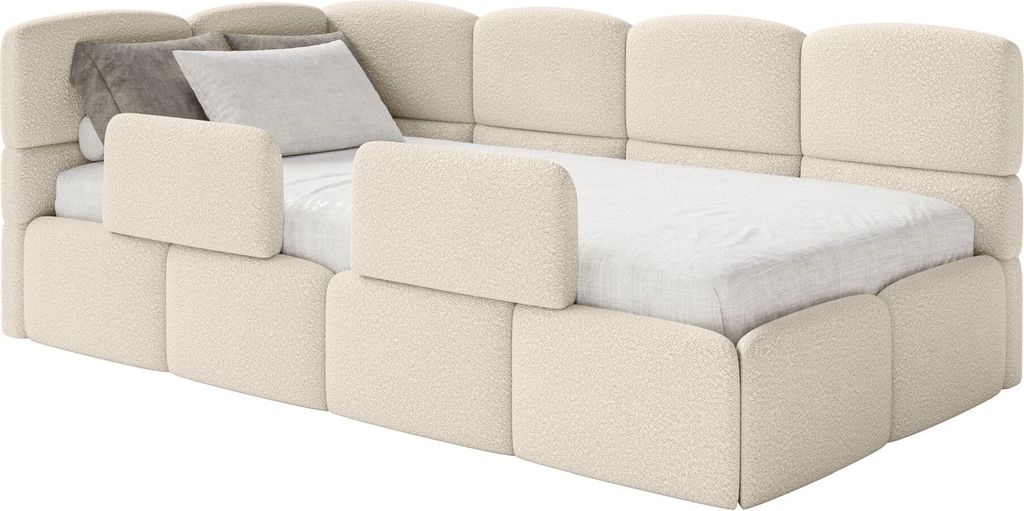 Selsey Cloudy – Jugendbett 90x200 cm, linksseitig, mit Bouclé-Bezug und Rausfallschutz, Hellbeige