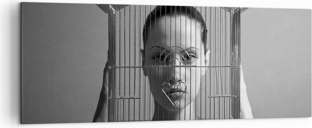 Bild auf Leinwand - Leinwandbild - Einteilig - Schwarzweiß Frau Käfig - 140x50cm - Wand Bild - Wanddeko - Wandbilder - Leinwanddruck - Bilder - W...