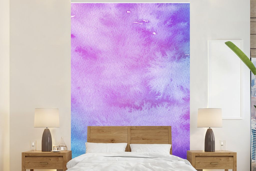 MuchoWow Fototapete für Wohnzimmer oder Schlafzimmer Wandtapete Vinyl Motivtapete Aquarell - Lila - Blau - 160x240 cm - Vinyltapete