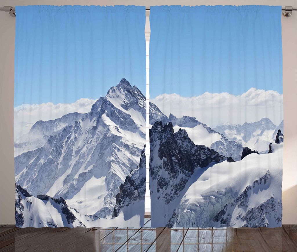 ABAKUHAUS Winter Rustikaler Gardine, Snowy Berggipfel, Schlafzimmer Kräuselband Vorhang mit Schlaufen und Haken, 280 x 245 cm, Blau und weiß
